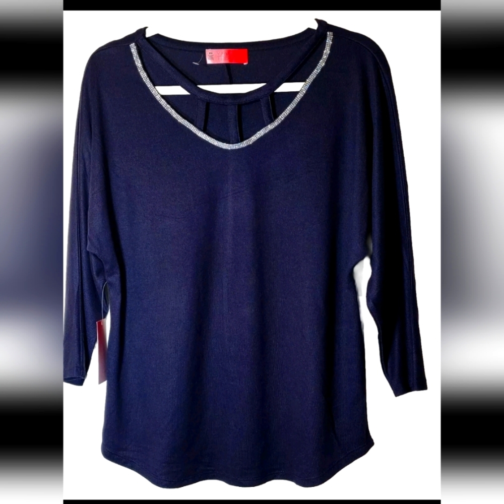 Simply Scarlett Rhinestone Neckline 3/4 Sleeves Baltic Sea Women's Top Size M